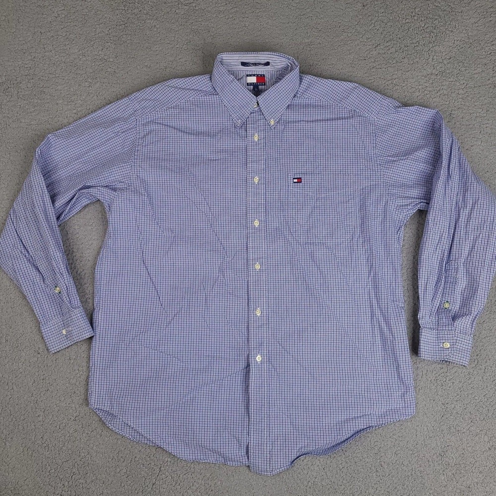 Tommy Hilfiger Shirt Men's Medium Blue‎ Plaid Long Sleeve Button Down